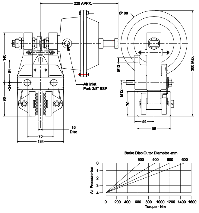 Bản vẽ kích thước phanh đĩa khí nén KATEEL KC-PF-400